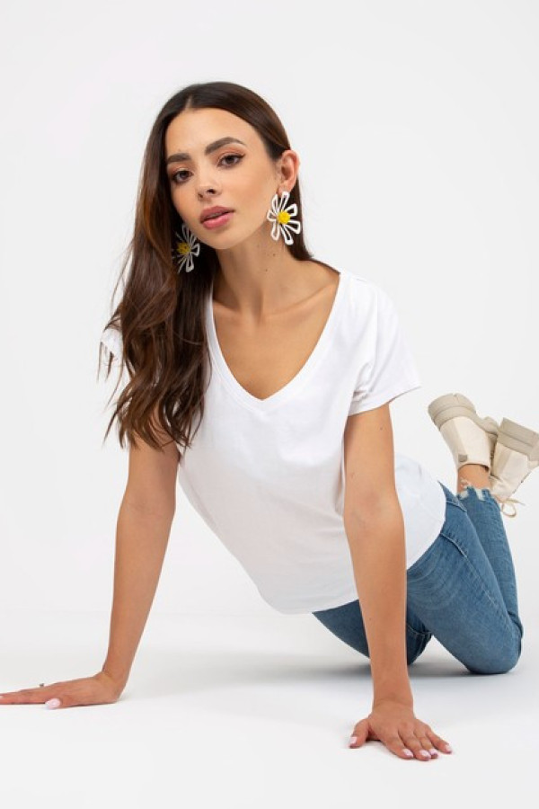 Biały damski t-shirt basic z dekoltem w serek