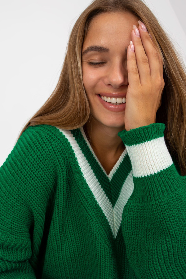 Fluo zielony dłuższy sweter oversize z dekoltem V RUE PARIS 1