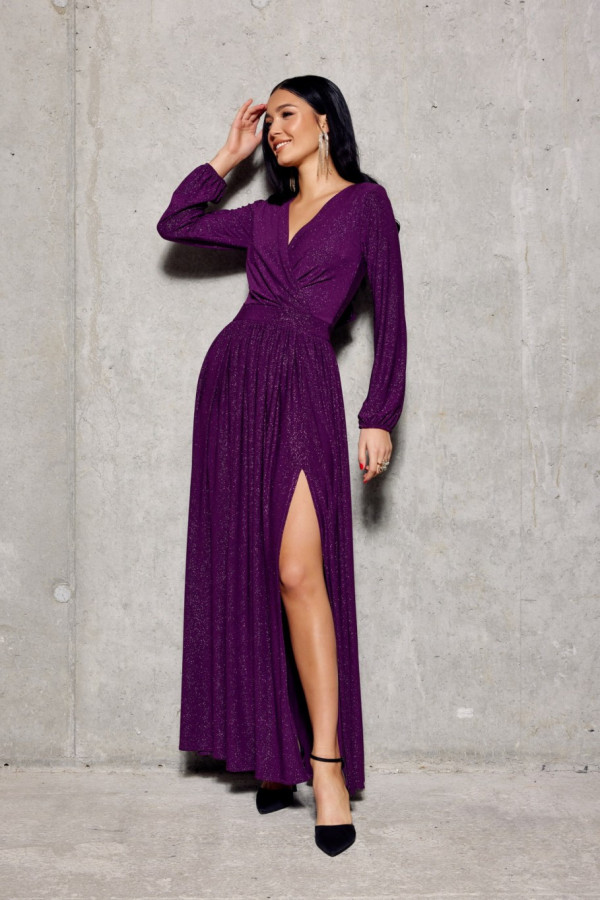 Brokatowa sukienka maxi z długim rękawem fioletowa 4