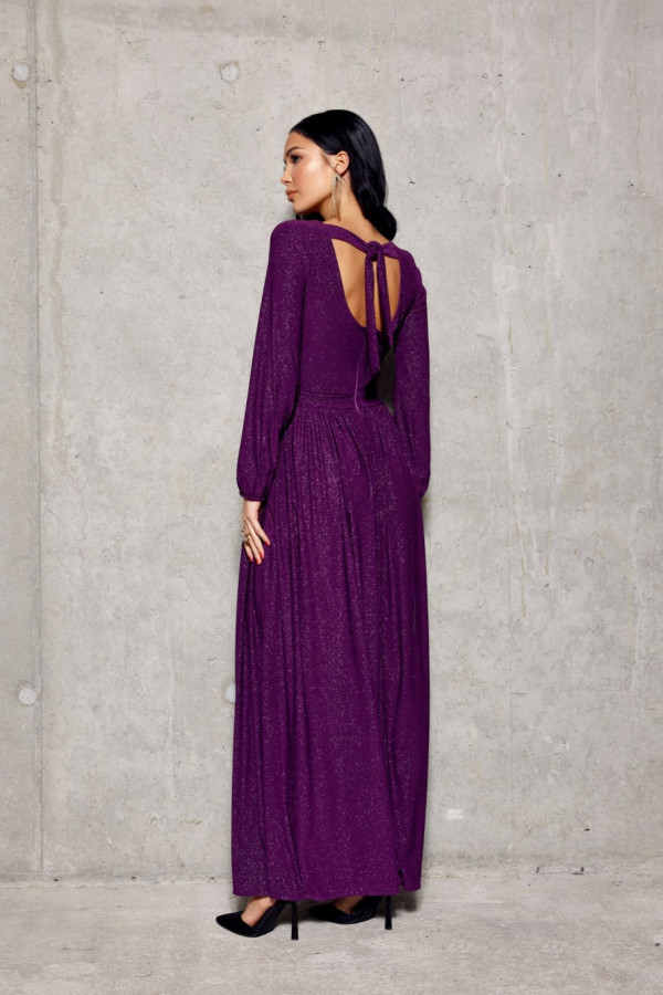 Brokatowa sukienka maxi z długim rękawem fioletowa 3