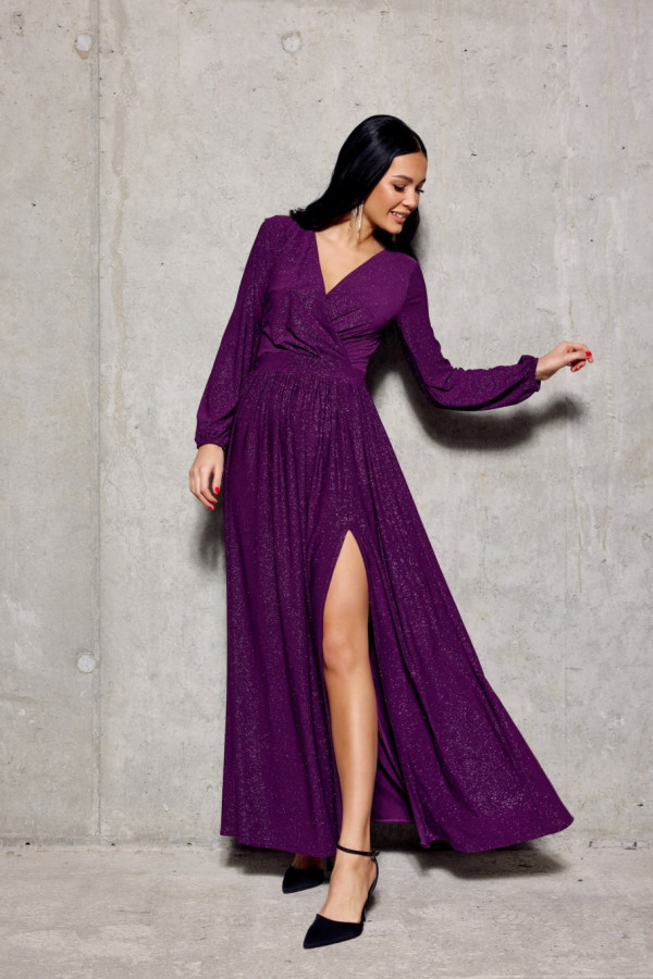 Brokatowa sukienka maxi z długim rękawem fioletowa 5