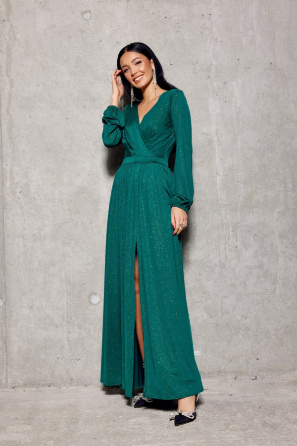 Brokatowa sukienka maxi z długim rękawem zielona