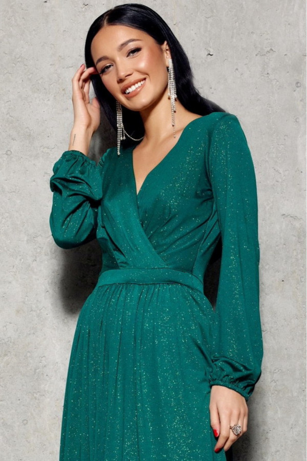 Brokatowa sukienka maxi z długim rękawem zielona 2
