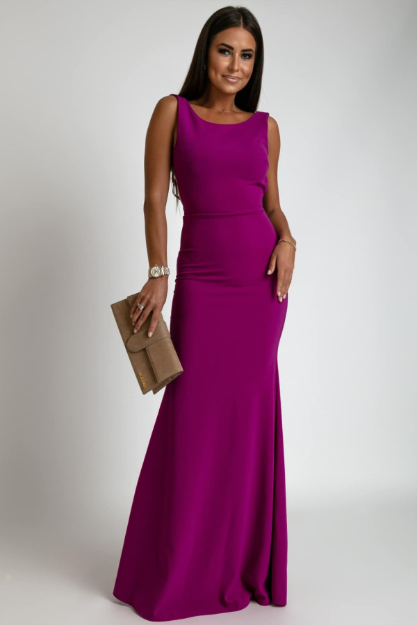 Długa dopasowana fioletowa sukienka z kokardą