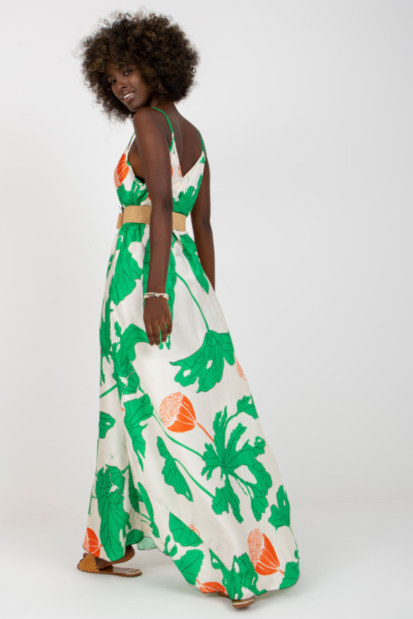 Nela Biało-zielona maxi sukienka z printami z plecionym paskiem 2