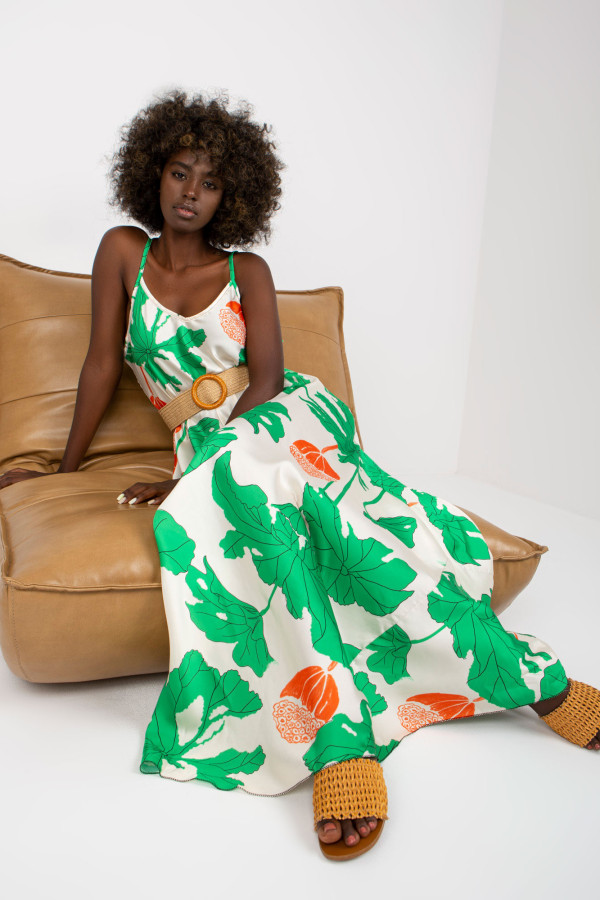 Nela Biało-zielona maxi sukienka z printami z plecionym paskiem 3
